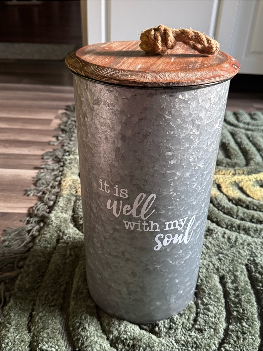 Galvanized Metal Canister with Rope-Top Lid - 'It Is Well'
